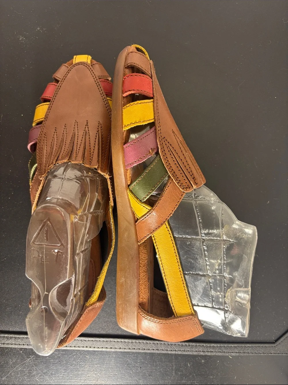 Boss Men's Brown Leather Sandals with Yellow, Red, Green, and Purple Straps
